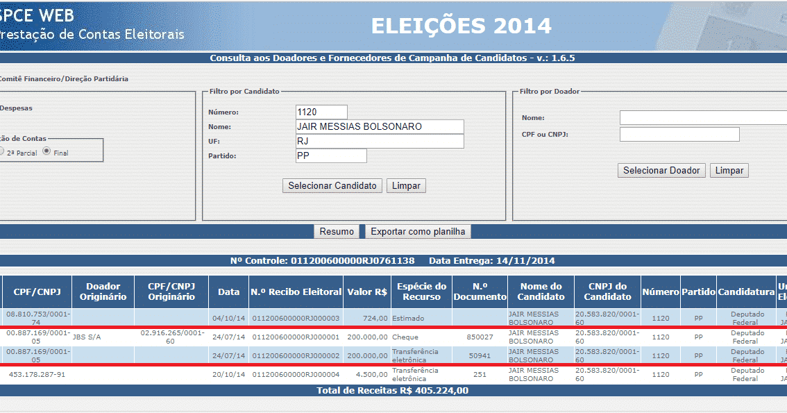 tela da prestacao de contas eleitorias de jair messias bolsonaro, mostrando o recebimento de propino do seu partido e com ele sendo favorecido.