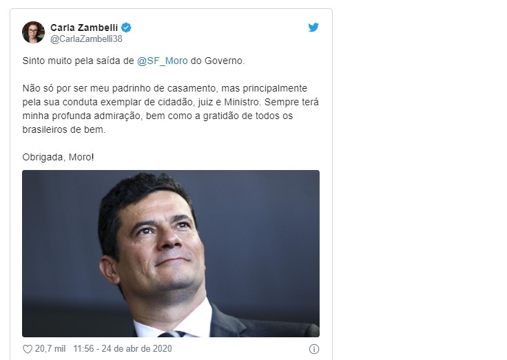 A deputada federal Carla Zambelli usou suas redes sociais para lamentar o fim do ciclo de Moro como ministro da Justiça. Zambelli enalteceu o que classificou como conduta exemplar de cidadao