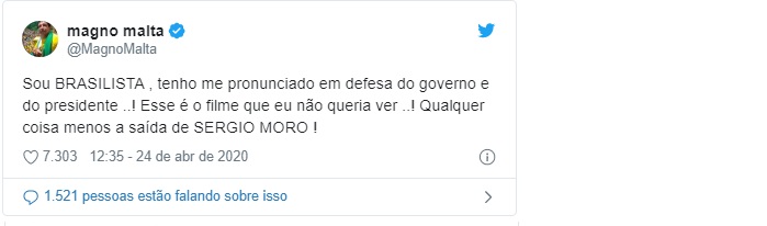  Apoiador de Bolsonaro durante toda a campanha, o ex-senador Magno Malta deixou em aberto se vai manter seu posicionamento pró-governo ao lamentar a saída de Moro