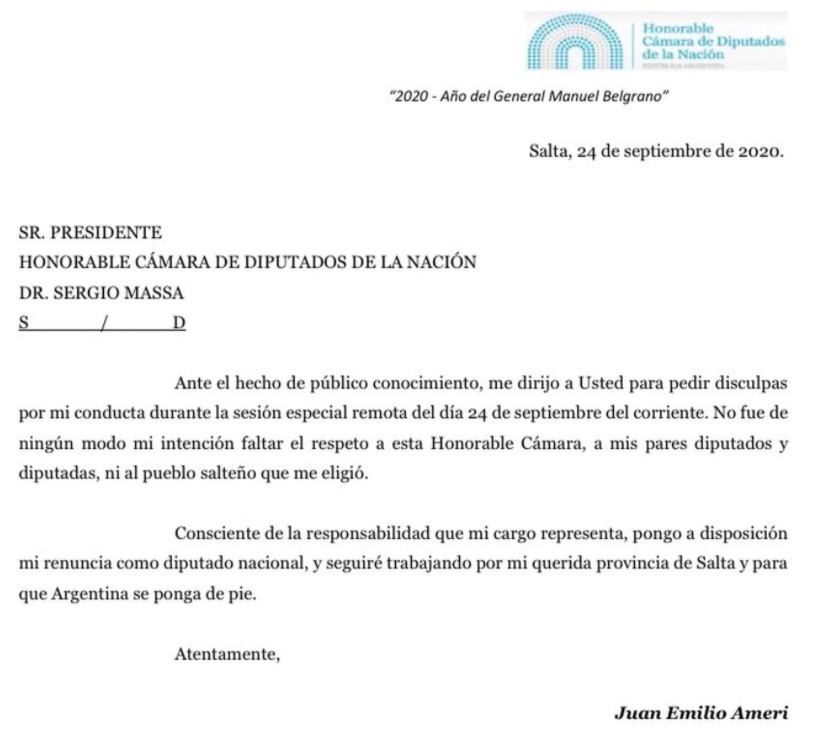 Escândalo: Deputado argentino faz intimidades em sessão virtual da câmara carta de renuncia juan emilio