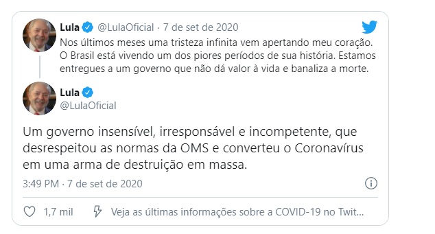 Ex presidente Lula diz que governo Bolsonaro ‘converteu coronavírus em arma de destruição de massa’